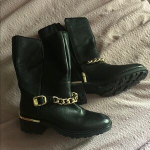 Vince Camuto Black and Gold Combat Boots with Chain Detail